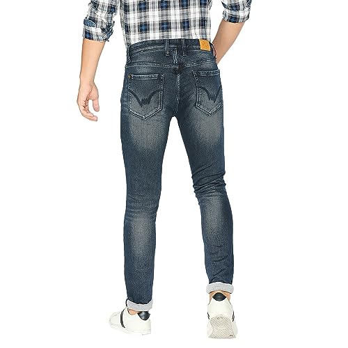 Image of LAWMAN PG3 Midnight Blue Skinny Fit Solid Jeans for Men's