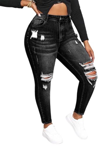 ALLABREVE Womens Plus Size Skinny Jeans Stretchy High Waisted Ankle Jean Ripped Slim Fit Washed Denim Distressed Tight Jean (052 Black 5XL)