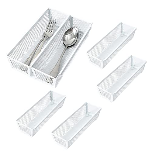 YFEEN Mesh Tray Kitchen Drawer Utensil Cutlery Tray Office Supplies with Inter-locking Arm Drawer Dividers Organizer for Silverware, Flatware, Home,Office, School,Bedroom(9"X3"6pack) White