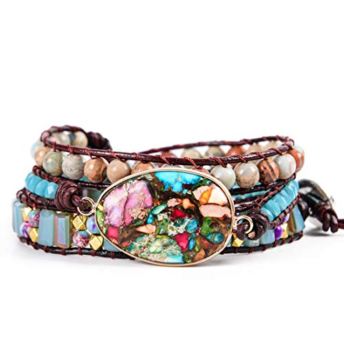 YGLINE Chakra Handmade Leather Wrap Bracelet Imperial Jasper Wrap Adjustable Bead Bracelet (Regalite 2)