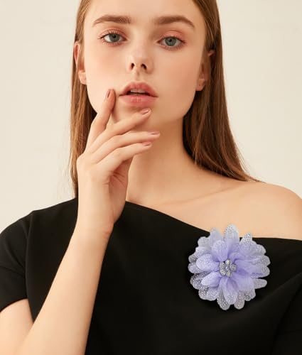 Image of Rhinestones Flower Fabric Big Brooches Lapel Pins for Women Elegant Organza Floral Brooch Pin for Dresses Suit Wedding Banquet Clothes Accessories Fashion Jewelry 130mm