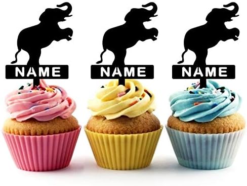 TA0866 Elephant Circus Silhouette Party Wedding Birthday Acrylic Cupcake Toppers Decor 10 pcs with Personalized Your Name