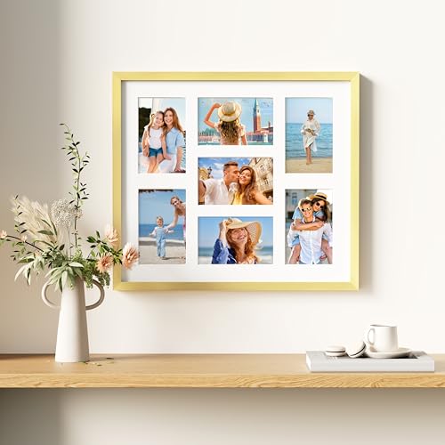 decorUhome 15x17 Picture Frames Collage Wall Decor, Display 7Pcs 4x6 Photos with Mat or 1Pcs 15x17 Unmatted, 7 4x6 Collage Picture Frames for Wall Mounting, Gold