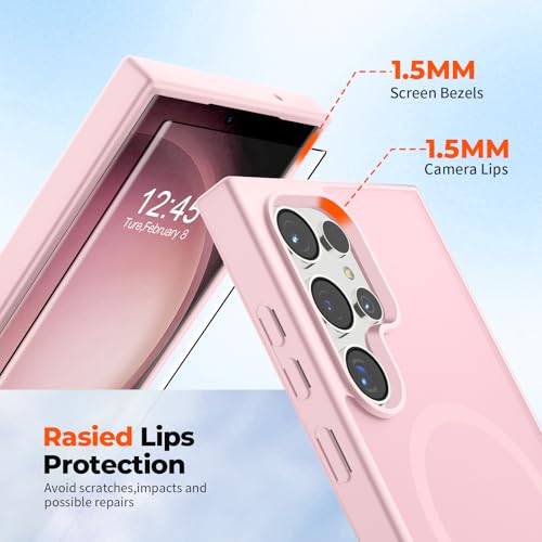 Image of SUPFINE Magnetic for Samsung Galaxy S23 Ultra Case with Screen Protector, (Built-in Magnets) (Military Grade Drop Protection) Slim Translucent Shockproof Phone Case,Pink