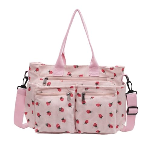 Bolsa feminina de morango, bolsa de veludo cotelê para uso diário, bolsa de ombro kawaii, bolsa de trabalho transversal, rosa