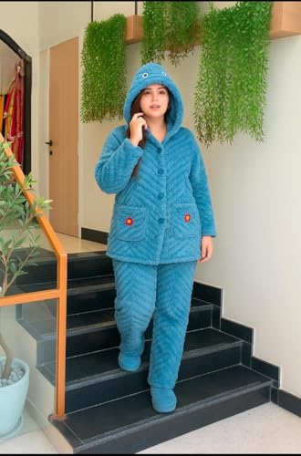 Image of Ukal Women's Wool Blend & Fleece Long Sleeve Pullover Hoodies Set Full Length Winter Nightwear Pajama and top Set Tracksuit Gym Suit Night Suit