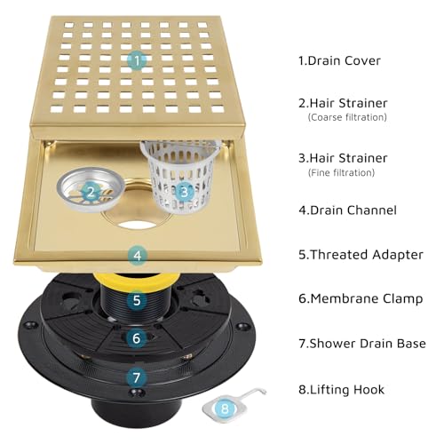 Heaorld Square Shower Drain 6 Inch with Flange, Brushed Gold Tile Shower Floor Drain Kit 304 Stainless Steel, Removable Grid Grate and Hair Catcher by Heaorld - Used condition - Image 6