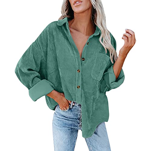 Women's Corduroy Shirt with Buttons Oversized Blouses Tops Long Sleeve Casual Warm Jacket with Pockets Blouse Women Blue, Mint Green, XL