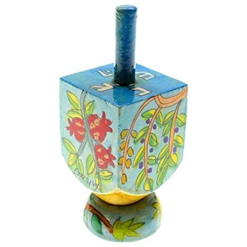 Yair EmanuelSmall Wooden Dreidel with Seven Species of Israel Design and Stand
