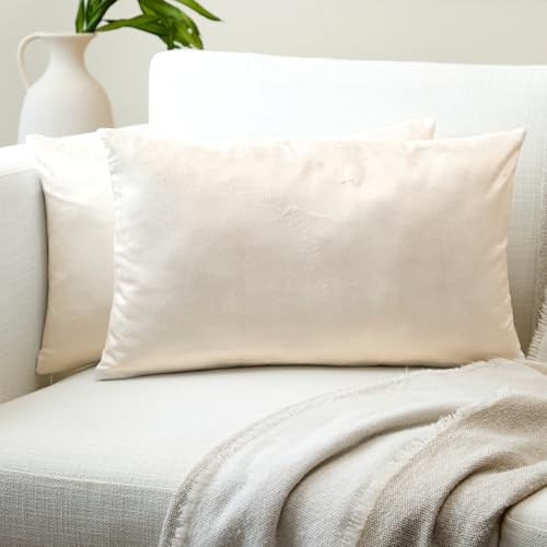 Image of Encasa XO Velvet Throw Pillow Covers 12x20 in (30x50 cm) - Cream - No Inserts, Pack of 2 Cases | Solid Plain Dyed Soft & Smooth, Square Decorative Cushion Covers for Living & Bedroom