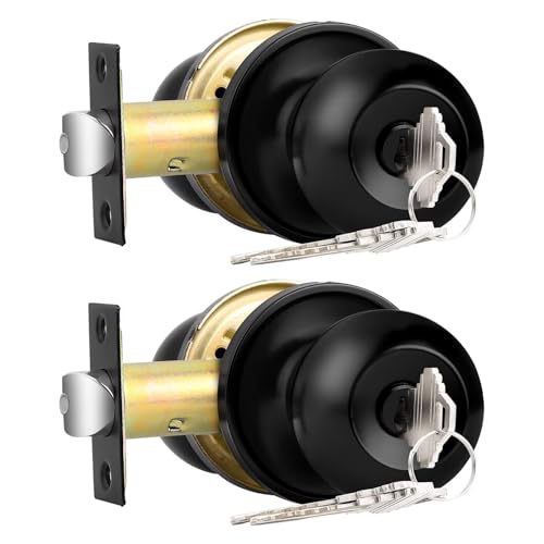 Probrico 2 Pack Black Entry Door Knobs Combo Pack, Keyed Alike Entrance Door Locks, Ball Door Knobs with Lock and Keys for Interior Exterior Doors