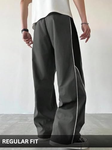 Image of GRECIILOOKS Track Pants for Men Baggy Wide Leg Korean Streetwear Trousers | Relaxed Fit Baggy Pants for Men with Drawstring Waist | Casual Oversized Lower for Travel, College & Everyday Wear