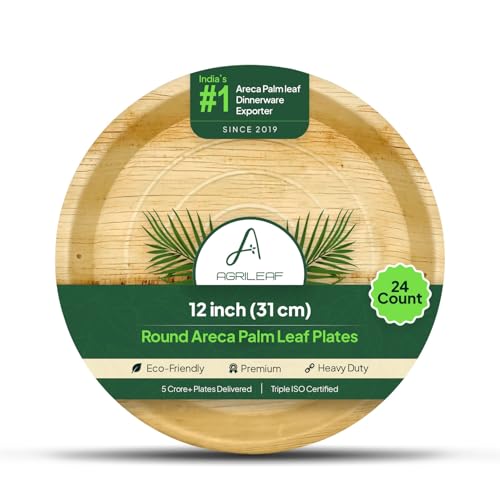 AGRILEAF 12" Round Areca Palm Leaf Plates (24-Pack) | Better Than Paper & Bagasse | Eco Friendly, Compostable| Microwave & Freezer Safe | Strong & Stu