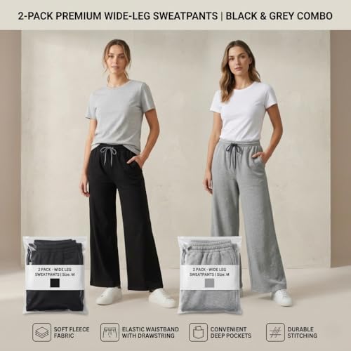 Image of Pack of 2 Women's Wide-Leg Track Pants | Fit Trousers Elastic Waist with Drawstring | Soft Breathable Fabric | Relaxed Fit Lounge & Casual Lounge Travel Wear