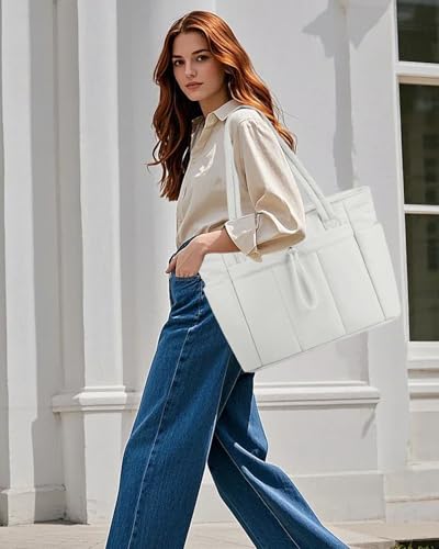 Image of Puffer Tote Bag for Women Handbag Nurse Bag with Cup Holder & Laptop Compartment & Trolley Sleeve for Work Travel Beige