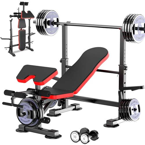 600lbs Adjustable Olympic Weight Bench Set with Preacher Curl & Leg Developer, Lifting Press Multifunctional Workout Station Incline Bench Press Full Body Workout