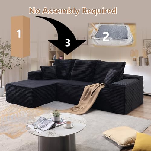 Image of 107 inch W Modular Sectional Sofa, Upholstered Corduroy Cloud Couch with Deep Seat, Modern 3-Seater L-Shaped Sofa for Living Room, No Assembly Required (Black, Left-Facing Chaise)
