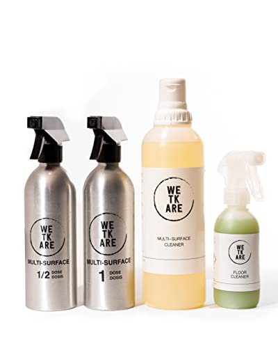 WeTKare - Kit Sostenible - Limpiador Concentrado BIO - 1 Friegasuelos de 250 ml + 1 Multisuperficies de 1 L Suministra de 50 a 100 Sprayers + 2 Spray de Aluminio - Elimina Grasa y Restos Orgánicos