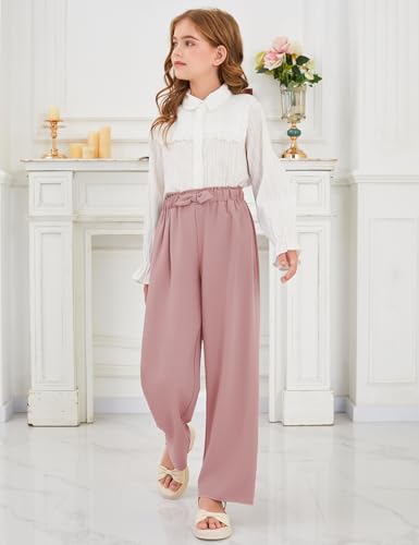 Image of Girls Wide Leg Palazzo Pant Loose Straight Cute Bow Waist Spring Summer Lightweight Dress Pant for Kids 5-14Y