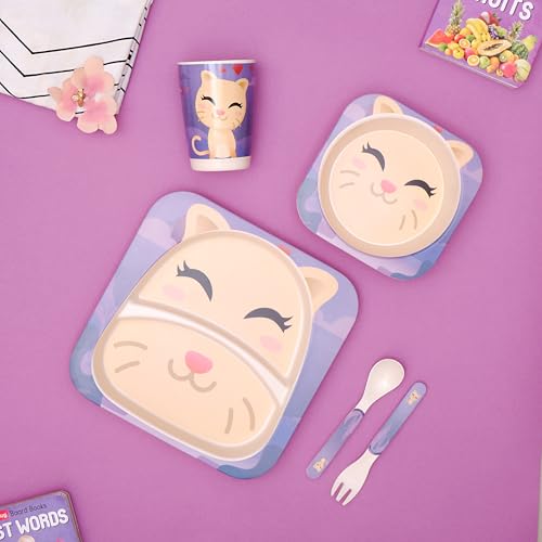 Image of Bamboo Kids Feeding Set of 5 |Kids Crockery Set Tableware |Baby Utensils and Dishes Set | Eco-Friendly |Organic & Natural (Purrfect Kitty)