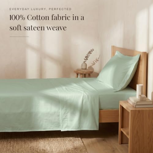 Image of Huesland 100% Pure Cotton Sateen Weave Bedsheet 300 TC - Premium Luxury Single Bed Set | Misty Jade | 88 x 55 inches
