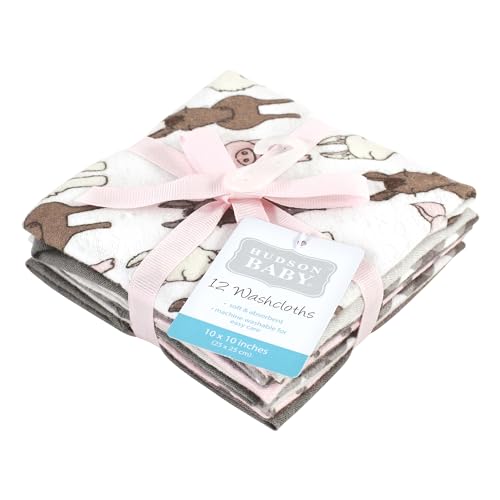 Image of Hudson Baby Unisex Baby Flannel Cotton Poly Washcloths, Farm Friends Pink 12Pk, One Size