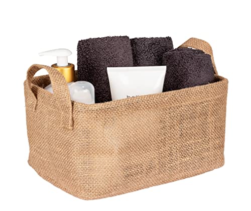WENKO Aufbewahrungskorb Juna M, dekorativer Korb zur übersichtlichen Aufbewahrung von Accessoires wie z. B. Kleidung mit zwei praktischen Griffen, Außenmaterial 100% Jute, 24 x 17 x 17 cm, Braun
