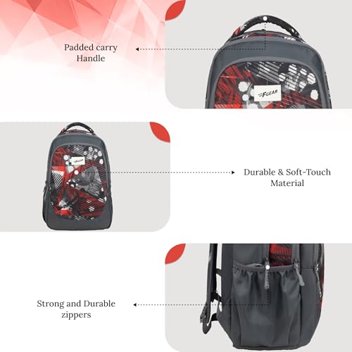 Image of F Gear Panya Grey Geometric Black Red 21L School Backpack|Three Spacious Compartment with Water bottle holder|Lightweight and durable|Comfortable to Carry|Stylish Backpack