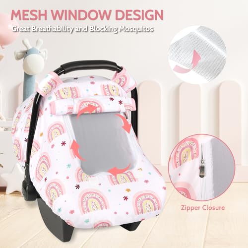 Image of Pea Pod Car Seat Cover Baby, Infant Car Seat Canopy Covers with 2 Layers Windows of Breathable Mesh Fabric, Lightweight Polyester, Soft Minky Dot Backing (Rainbow & Floral Pattern)