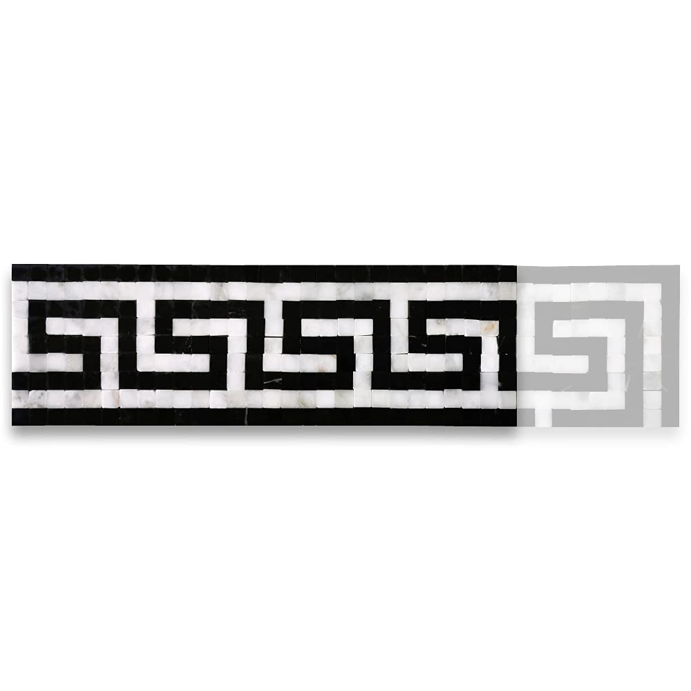 Stone Center Online Greek Key Carrara White Nero Marquina Black 3.5x11  Marble Mosaic Border Listello Tile Polished Kitchen Bath Wall Floor  Backsplash Shower (1 Piece) - - Amazon.com