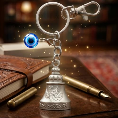 Image of OTTAVO Premium Guardian Bell Keychain for Bike & Car | Tibetan Texture Bell Keychain with Evil Eye & Silver Hook | Good Luck Charm with Laser-Engraved Wooden Gift Box