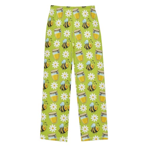 Bee Honey Daisy Floral Boys Long Pants Soft Trousers Elastic Waist Kids Lounge Bottoms with Pockets S-XL