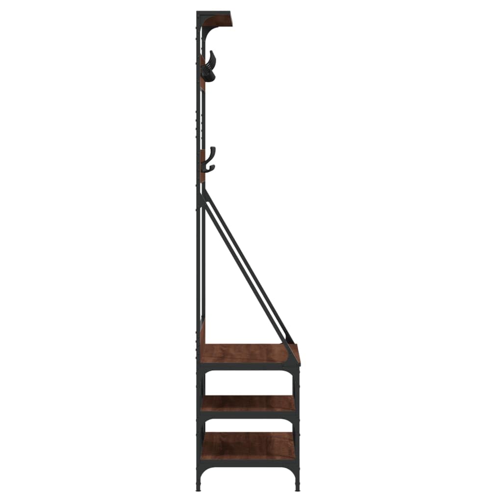 Kleiderständer Garderobe mit Schuhablage in Braun Eichen-Optik, Holzwerkstoff und Metall, 80x40x184 cm, freistehend, platzsparend, mit Haken und Rollen für Schlafzimmer und Flur