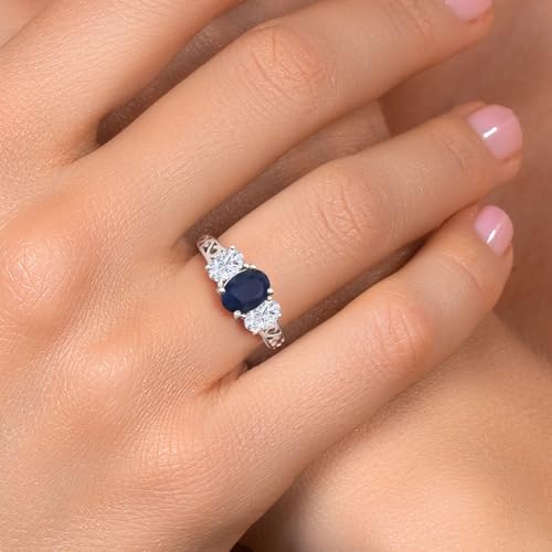 Gem Stone King 2.80 Cttw Blue Sapphire and White Moissanite 3-Stone Ring In 925 Sterling Silver | Oval 8X6MM and 6X4MM | 3 Stone Wedding Anniversary Promise Ring For Women | Available in Size 5-94