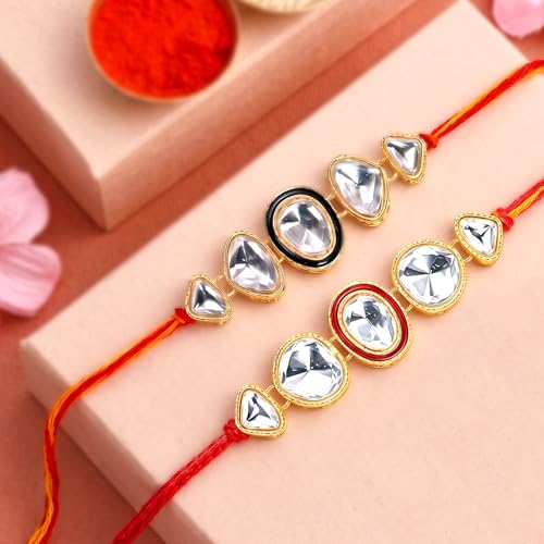 Image of Peora Rakhshabandhan Thread Rakhi for Brother Bhaiya | Kundan Beads & Crystal Studded | Combo Set of 2 | Rakhi Hamper Roli Chawal & Greeting Card