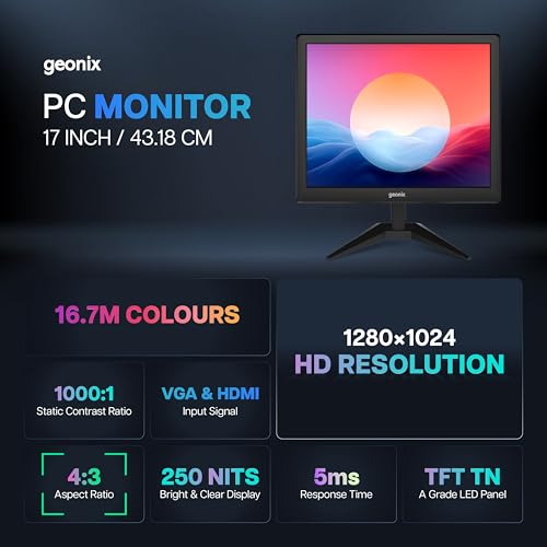 Image of GEONIX PC Monitor (43.18 cm /17 Inch), VGA & HDMI, LED Display, 1280X1024 Resolution, 16.7M Color, 16W(Max) Power Consumption | 2 Years Warranty