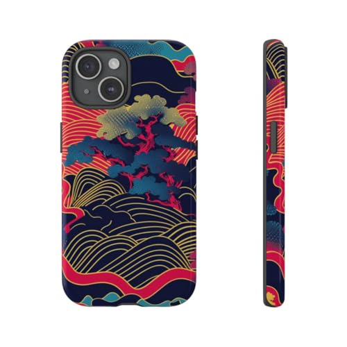 Coque iPhone 15 rigide brillante paysage japonais néon bleu protection smartphone robuste