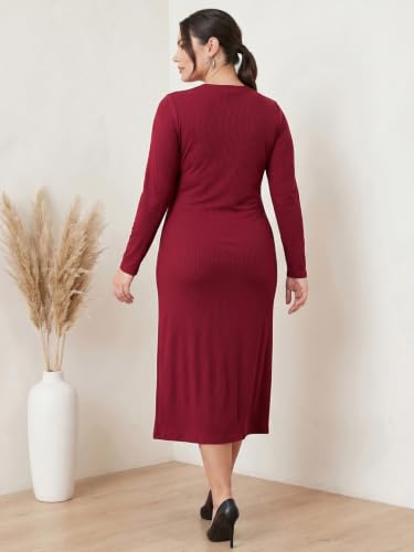 Image of Selvia Women's Ribbed Lycra Midi Dress | Long Sleeve Round Neck Ruched A-Line Dress | Casual, Party & Office Wear