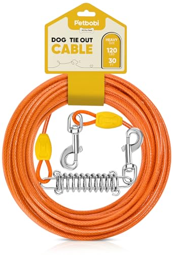 Petbobi Dog Tie-Out Cable 30ft - Outdoor Leash 4mm Metal Cable with Shock Absorbing Spring 360° Swivel Clips, Chain for Dogs Yard Camping, Fit Small Medium Large Pets Up to 120lbs, Orange