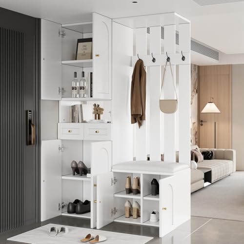 EURHCIO Meuble D'entrée 37x110x180cm,Vestiaire D'entrée,Porte Manteau avec Banc Rembourré,Rangement Chaussure,6 Crochets,2 TiroirS,6 Portes,pour...