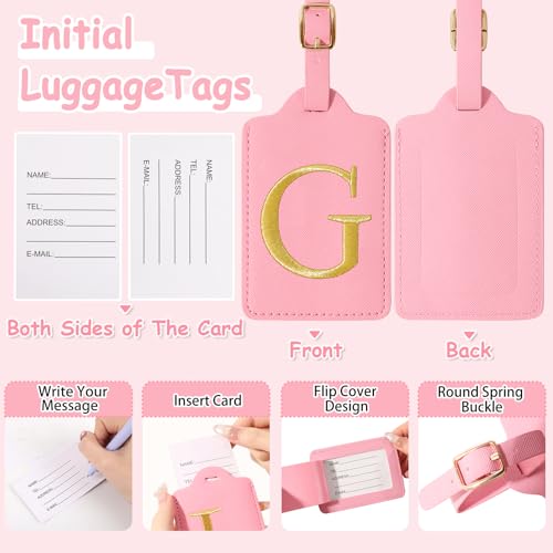 Image of Initial Luggage Tags for Suitcases, Cute Embroidered Letter Luggage Bag Suitcase Identifier Name Baggage Tag, PU Leather Travel Luggage Tags, Bag Tags for Men Women Kids Luggage Handbags(Pink G)