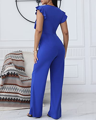 Womens Jumpsuits Romper Crew Neck Ruffle Sleeve High Waist Wide Leg One Piece Casual Outfits Blue M #TOP6