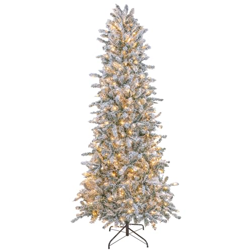 Image of Flocked 7.5 ft Slim Pre-lit Christmas Tree with Warm White Lights, Foldable Metal Stand, Easy Assembly Artificial Tree for Home, Office Decoration