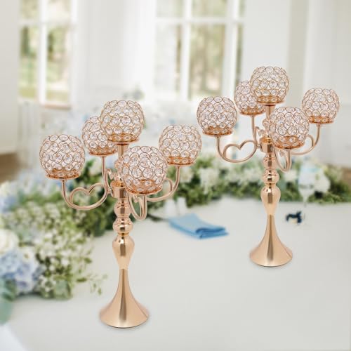 2 Pack 5 Arm Crystal Candelabra Centerpieces, 21.5in Tall Metal Candle Holder Table Candelabra Stand w/Crystal Candle Holder Bowl, Elegant Centerpiece Table Decorations for Home Wedding Party (Gold)