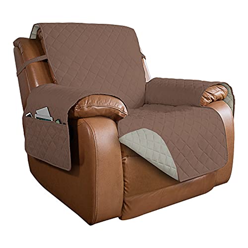 Image of PureFit Reversible Quilted Sofa Cover, Water Resistant Slipcover Furniture Protector, Washable Couch Cover with Non Slip and Elastic Straps for Kids, Dogs, Pets (Oversized Recliner, Brown /Beige)
