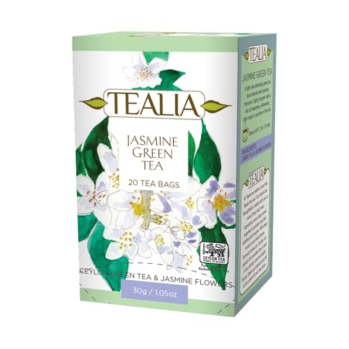 Tealia Jasmine Green Tea Bags Individually Wrapped – Premium Loose Leaf Green Tea Sachets with Floral Aroma and Smooth Taste – 20 Count Box (2g Each) – Gift-Ready, Aromatic, Convenient Brew