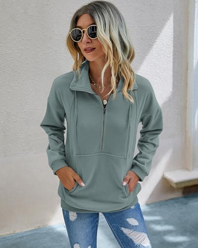 Image of PRETTYGARDEN Women's Casual Long Sleeve Zipper Sweatshirt Drawstring Loose Quarter Zip Pullover Tops with Pockets