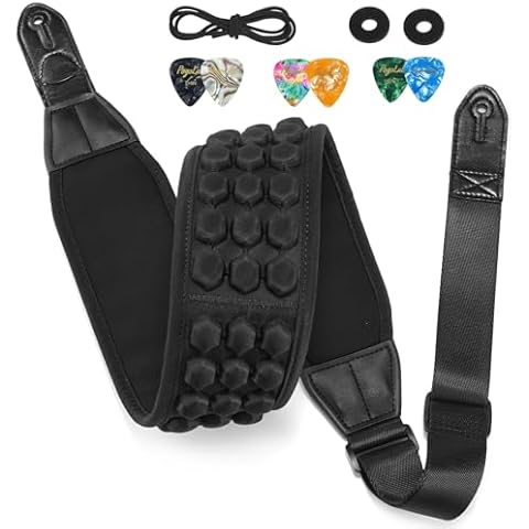 POGOLAB Guitar Strap, 3.5" Wide Air Cell Cushions Neoprene Padded Soft Comfortable Bass Strap, Adjustable Length from 47" to 55" with Strap Locks & Picks, for Bass Electric Guitar (Regular) Black Cover