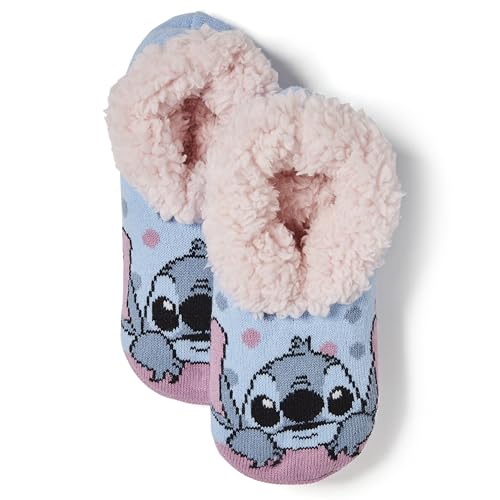 Disney Women's Lilo & Stitch Teddy Fur Slipper Socks, Blue-Polka dot, 9-11