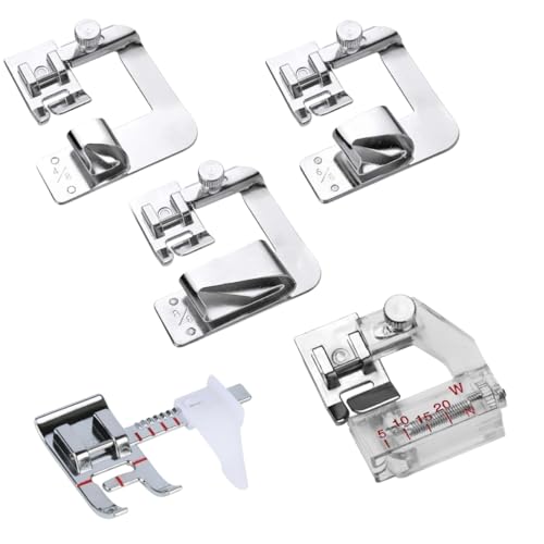 Wide Rolled Hem Presser Foot Kit 5pcs Includes Hemmer Feet 4/8' 6/8' and 8/8', Bias Tape Foot and Adjustable Guide Foot for All Low Shank Snap on Singer, Brother, Babylock, Janome Sewing Machines